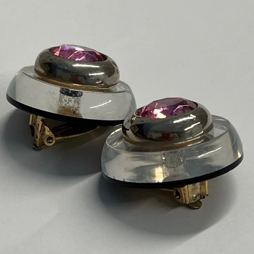 Diva Vintage Clear Lucite Pink Tourmaline Stone Silverplate Bezel Clip Earrings